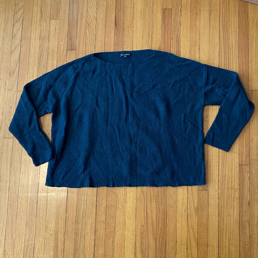 Eileen Fisher Green and Black Knitted Sweater 100% Merino Wool